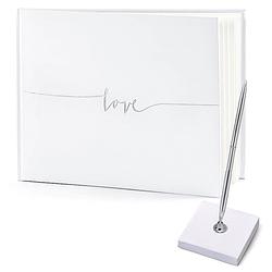 Foto van Gastenboek/receptieboek met luxe pen in houder - bruiloft - wit/zilver - 24 x 18,5 cm - gastenboeken