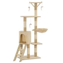 Foto van The living store kattenkrabpaal - beige - 138 cm - 49 x 35 cm - met muizenspeeltjes - met ladder - huis