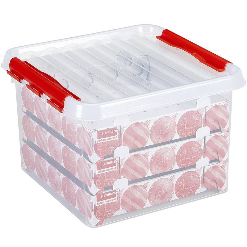 Foto van Sunware q-line kerstballen opbergbox 26l - trays voor 75 kerstballen - transparant/rood