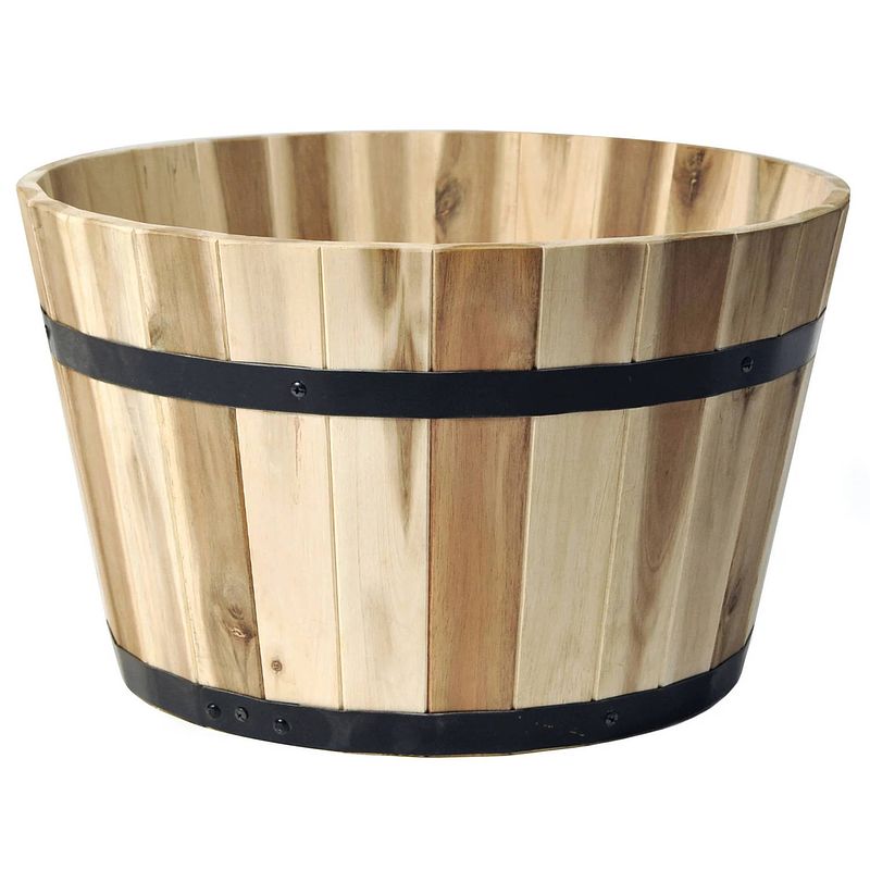 Foto van Mega collections plantenbak/bloempot - low barrel - hout - bruin - d33 x h21 cm - plantenpotten