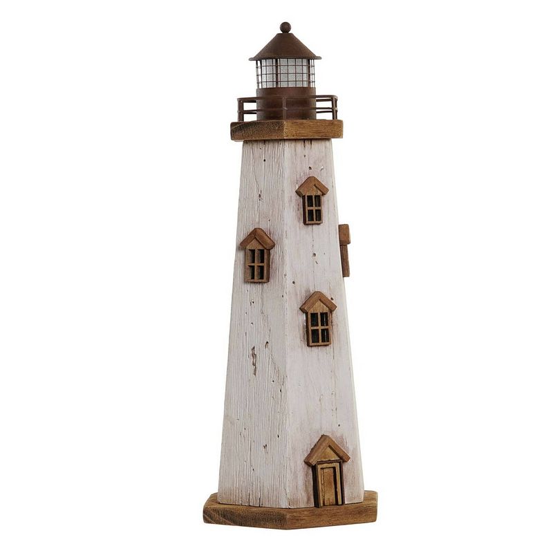 Foto van Maritieme decoraties beeldje vuurtoren - hout - 16 x 41 cm - wit/hout - met led lampje - beeldjes