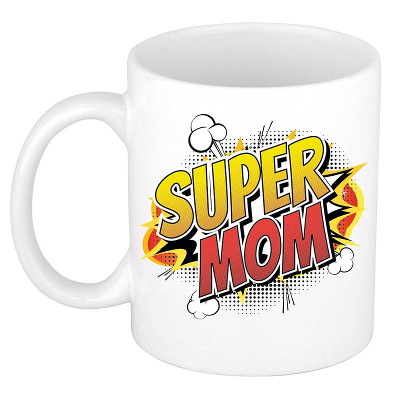 Foto van Super mom cadeau mok / beker wit pop-art / cartoon stijl 300 ml - feest mokken