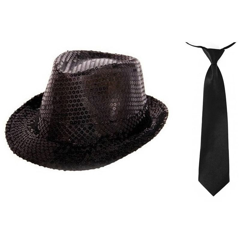 Foto van Carnaval verkleed set glitter hoed en stropdas zwart - verkleedhoofddeksels