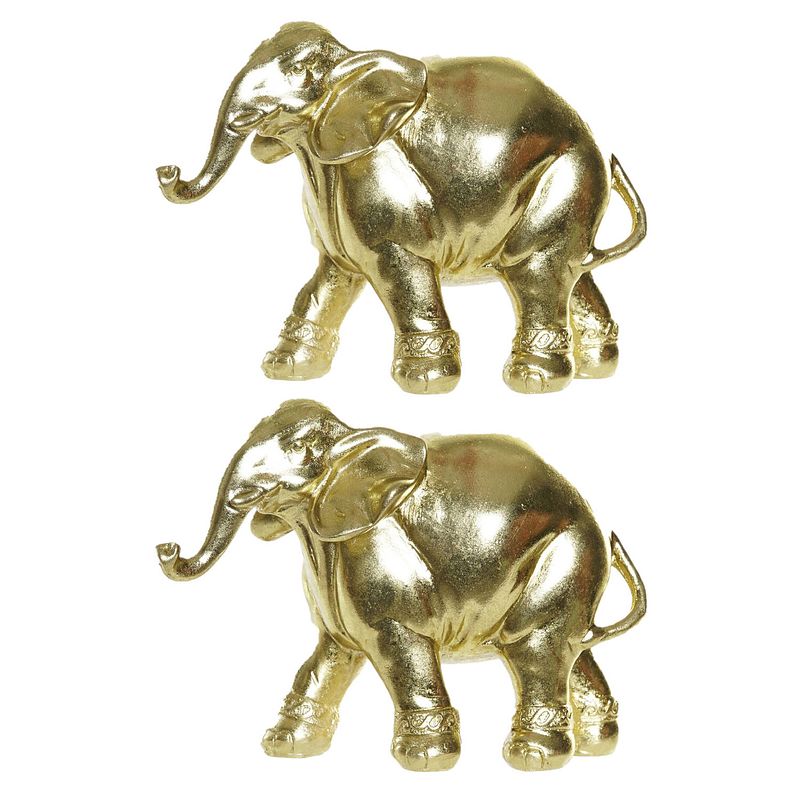 Foto van 2x stuks olifant woondecoratie dieren beeldjes 17 x 6 x 12 cm goud - beeldjes