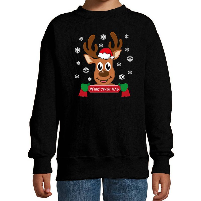 Foto van Bellatio decorations kersttrui/sweater voor kinderen - merry christmas - rendier - zwart 9-11 jaar (134/146) - kerst tru