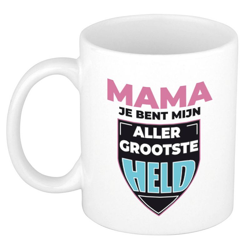 Foto van Mama je bent mijn allergrootste held cadeau mok / beker wit met schild 300 ml - feest mokken