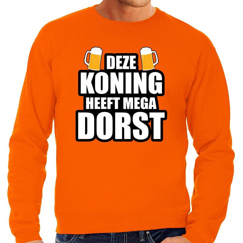 Foto van Deze koning heeft mega dorst / bier sweater oranje voor heren - koningsdag truien xl - feesttruien