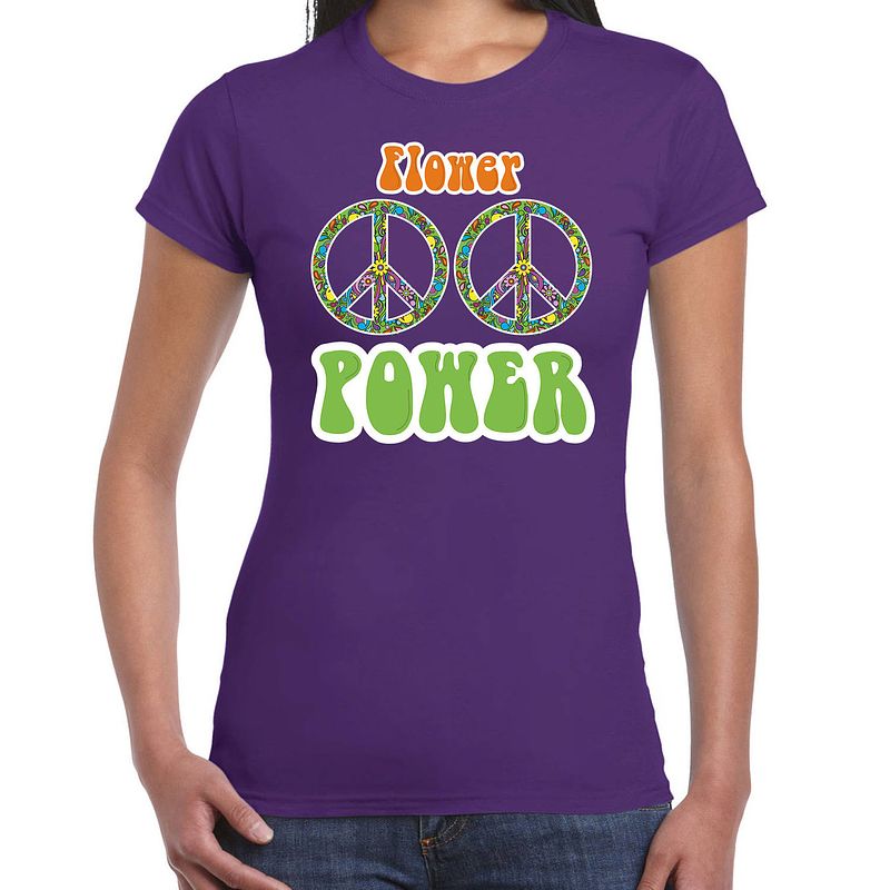 Foto van Toppers jaren 60 flower power verkleed shirt paars met peace tekens dames l - feestshirts