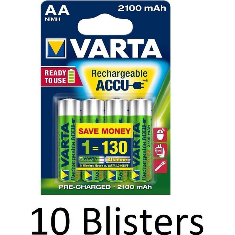 Foto van 40 stuks (10 blisters a 4 st) varta oplaadbare batterijen aa 2100 mah