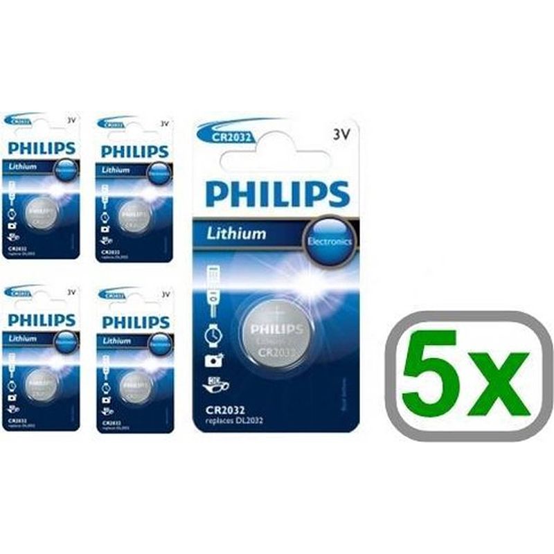 Foto van 5 stuks - philips cr2032 3v lithium knoopcelbatterij