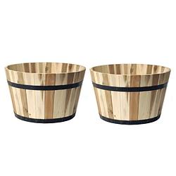 Foto van Mega collections plantenbak/bloempot - 2x - low barrel - hout - bruin - d46 x h28 cm - plantenpotten