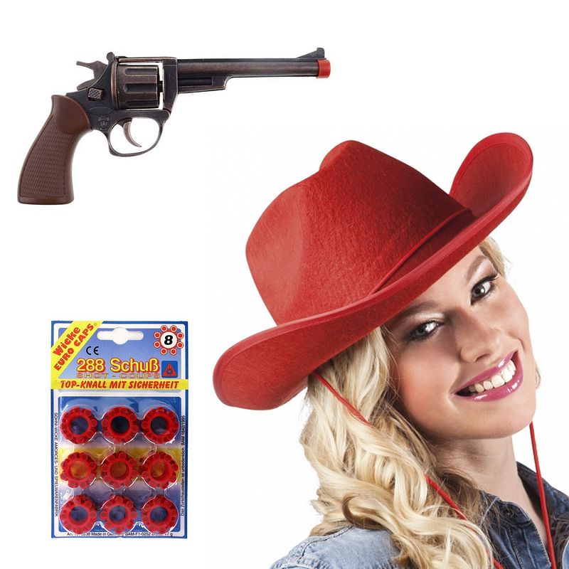 Foto van Cowboyhoed rood verkleed set met 8-schots revolver en plaffertjes - verkleedhoofddeksels