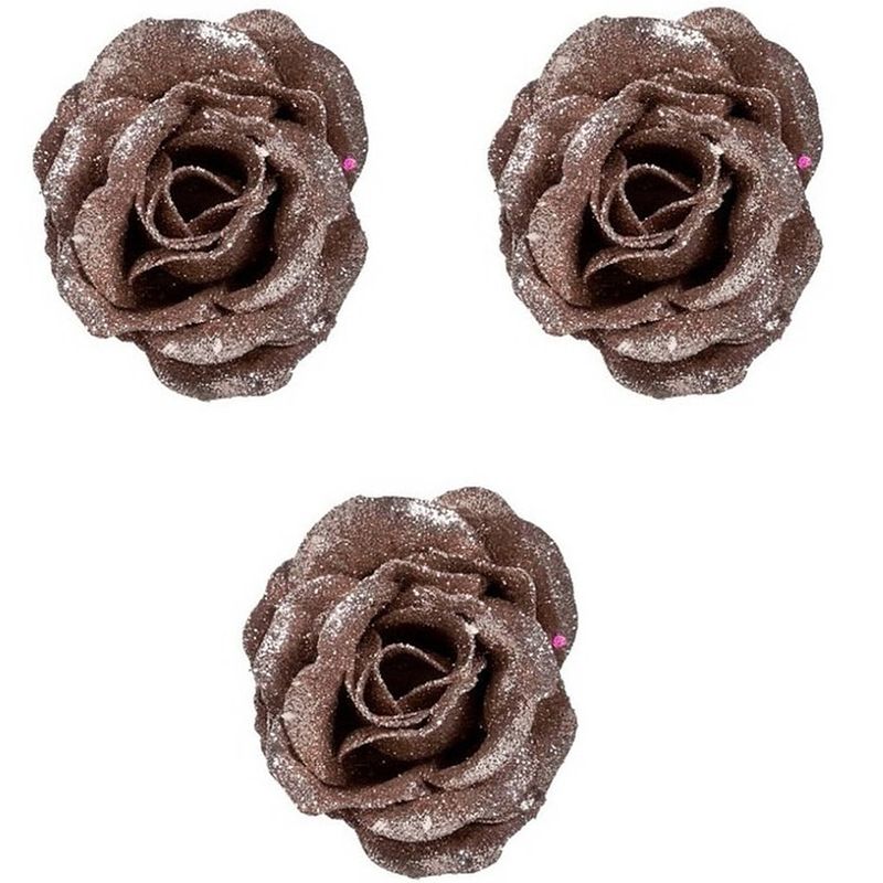 Foto van 3x oud roze roos met glitters bloemen op clip 7 cm - kerstversiering - kersthangers