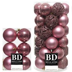 Foto van 43x stuks kunststof kerstballen oudroze (velvet pink) 6 en 8 cm glans/mat/glitter mix - kerstbal