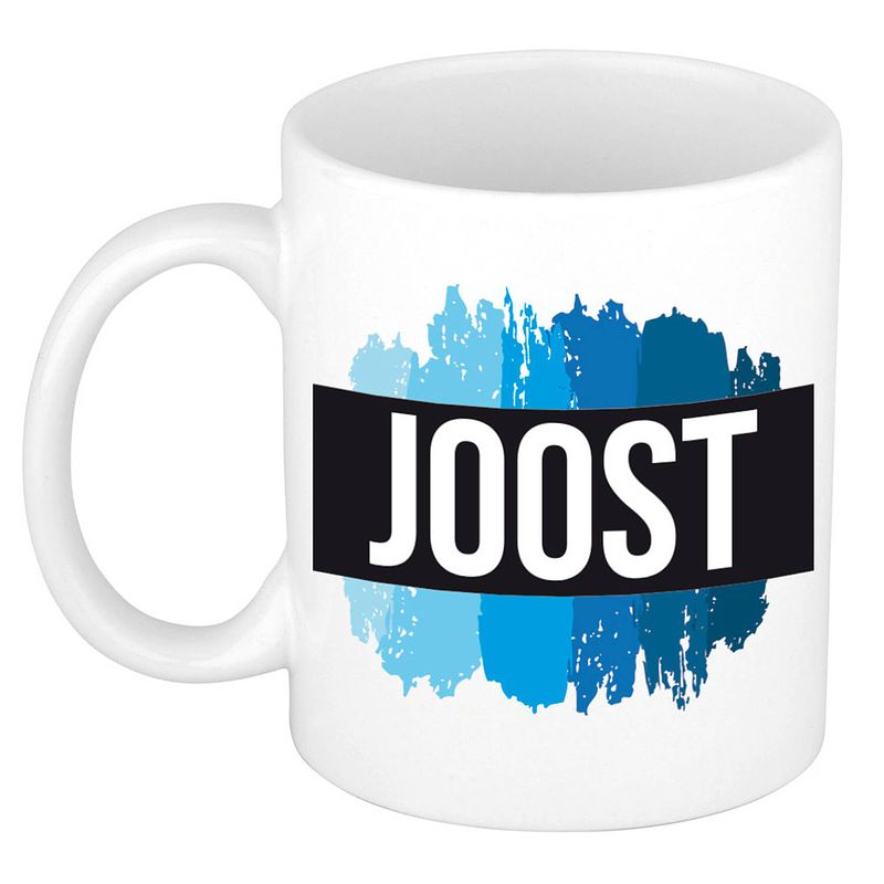 Foto van Naam cadeau mok / beker joost met blauwe verfstrepen 300 ml - naam mokken