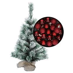 Foto van Besneeuwde mini kerstboom/kunst kerstboom 35 cm met kerstballen donkerrood - kunstkerstboom