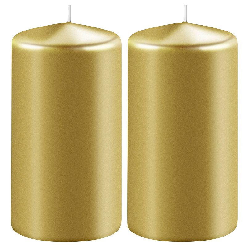 Foto van 2x kaarsen metallic goud 6 x 15 cm 58 branduren sfeerkaarsen - stompkaarsen