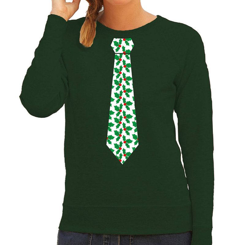Foto van Stropdas kersttrui/kerst sweater mistletoe groen voor dames m - kerst truien
