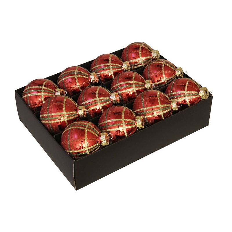 Foto van 24x luxe glazen gedecoreerde ruitjes kerstballen rood 7,5 cm - kerstbal