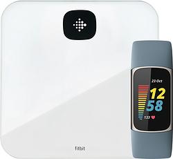 Foto van Fitbit charge 5 blauw/zilver + fitbit aria air wit