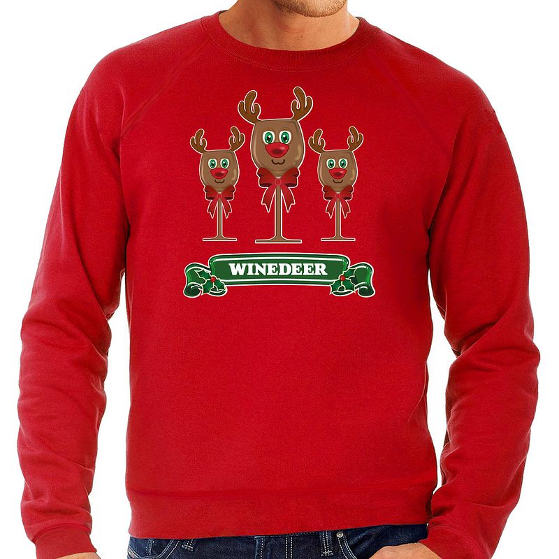 Foto van Bellatio decorations foute kersttrui/sweater heren - winedeer - rood - wijn - rendier - rudolf s - kerst truien