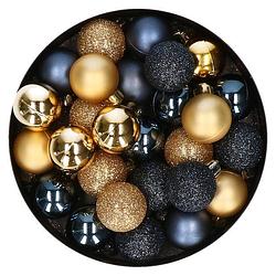 Foto van 28x stuks kunststof kerstballen goud en donkerblauw mix 3 cm - kerstbal