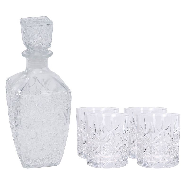 Foto van Glazen whisky/water karaf 750 ml met 4x whiskyglazen 230 ml - whiskeykaraffen