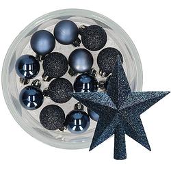 Foto van Decoris 14x stuks kerstballen 3 cm met ster piek donkerblauw kunststof - kerstbal