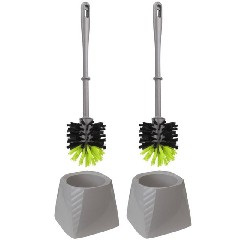 Foto van Set van 2x stuks kunststof wc-borstels/toiletborstels met houders grijs/groen 37.5 cm - toiletborstels