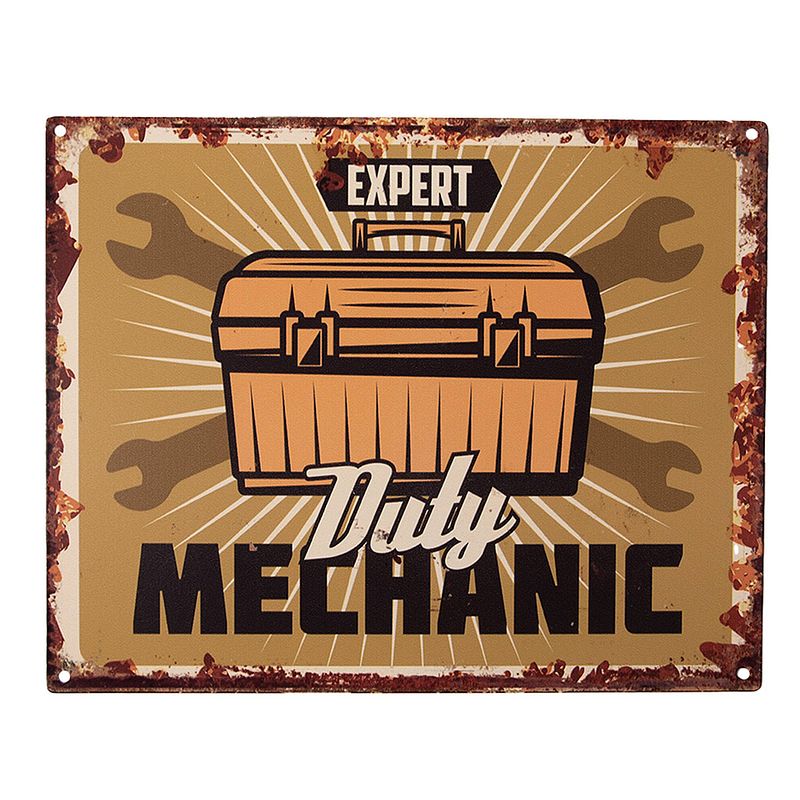 Foto van Clayre & eef tekstbord 25x20 cm bruin ijzer gereedschapskist expert duty mechanic wandbord spreuk wandplaat bruin