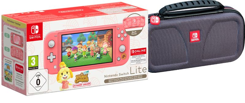 Foto van Nintendo switch lite koraal + animal crossing + nintendo switch online + beschermhoes