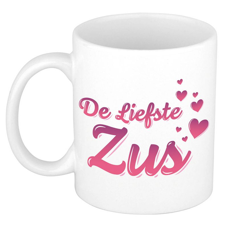 Foto van De liefste zus kado mok / beker wit met roze hartjes - verjaardagscadeau - feest mokken