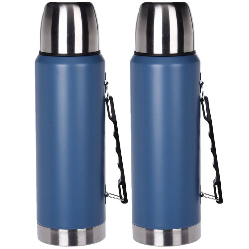 Foto van 2x stuks rvs thermosfles/isoleerkan 1 liter blauw - thermosflessen