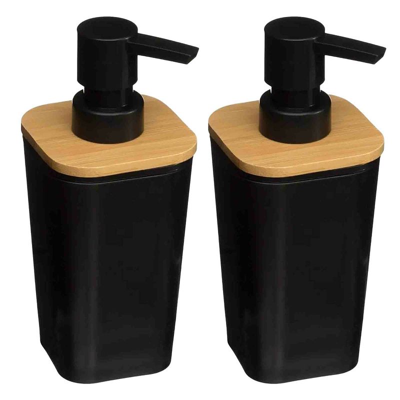 Foto van 2x stuks zeeppompjes/zeepdispensers van kunststeen - zwart - 300 ml - zeeppompjes