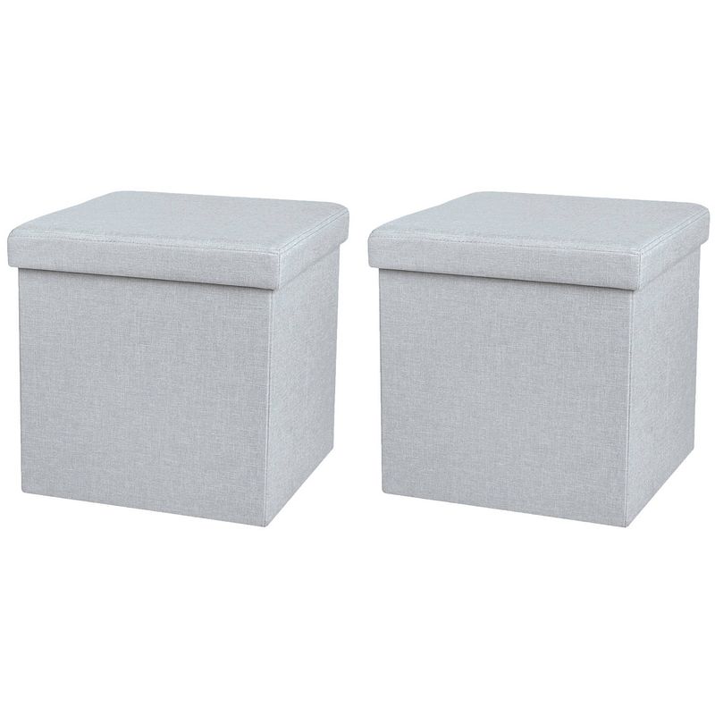 Foto van Urban living poef/hocker - 2x - opbergbox zit krukje - lichtgrijs - linnen/mdf - 37 x 37 cm - opvouwbaar - poefs