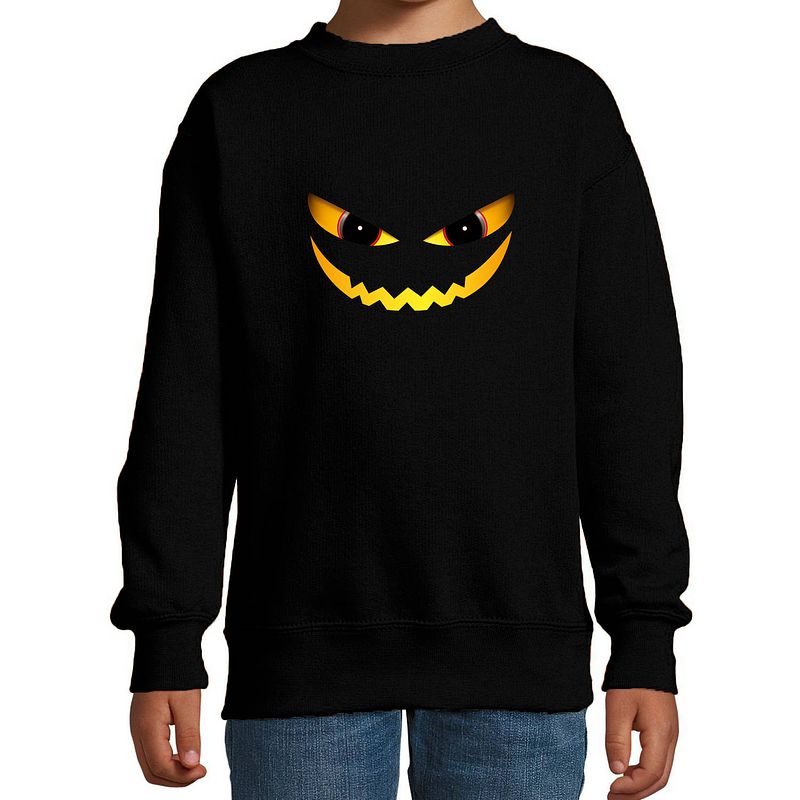 Foto van Halloween duivel gezicht horror trui zwart voor kinderen - verkleed sweater / kostuum 5-6 jaar (110/116) - feesttruien