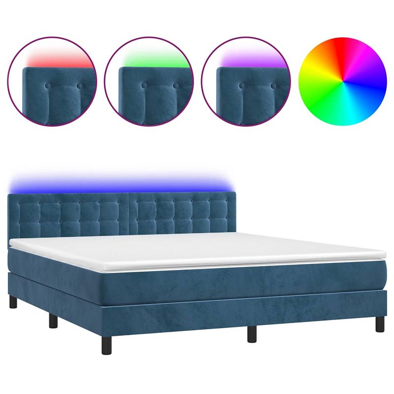 Foto van The living store boxspring - donkerblauw fluweel - 203 x 180 x 78/88 cm - verstelbaar hoofdbord - led-verlichting -