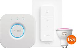 Foto van Philips hue white and color starter pack gu10 met 15 lampen, dimmer + bridge