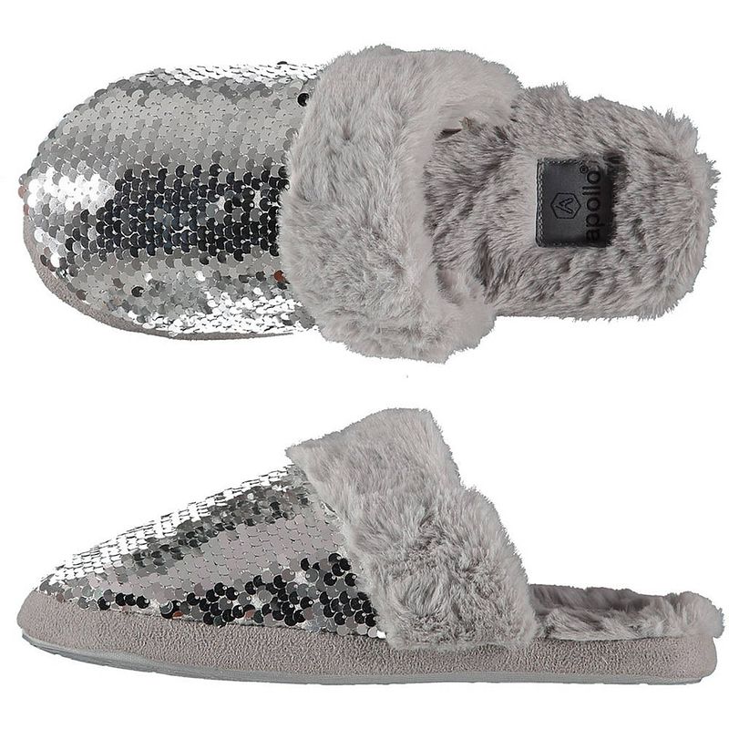 Foto van Dames instap slippers/pantoffels met pailletten grijs maat 37-38 - sloffen - volwassenen