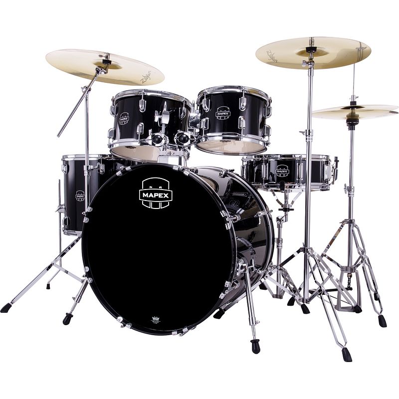 Foto van Mapex comet stage dark black 5d. drumstel met hardware en zildjian planet z bekkenset