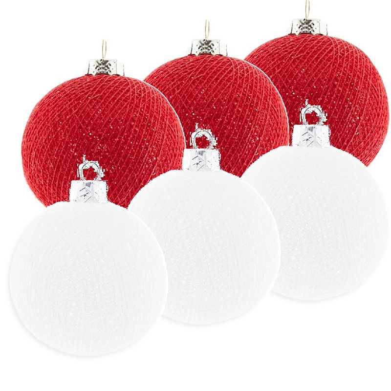 Foto van 6x rood/witte cotton balls kerstballen decoratie 6,5 cm - kerstbal