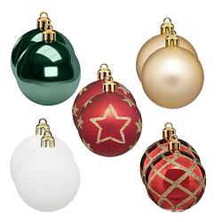 Foto van 30x stuks kerstballen mix wit/rood/groen/champagne gedecoreerd kunststof 5 cm - kerstbal