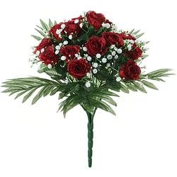 Foto van Louis maes kunstbloemen boeket rozen/gipskruid - rood - h36 cm - bloemstuk - bladgroen - kunstbloemen