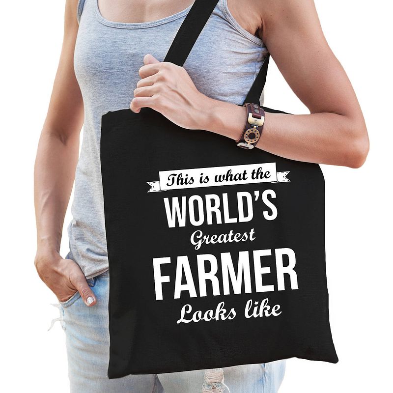 Foto van Worlds greatest farmer tas zwart volwassenen - werelds beste boer cadeau tas - feest boodschappentassen