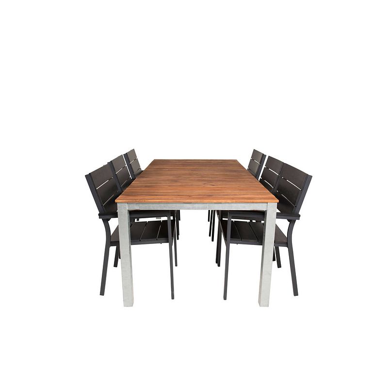 Foto van Zenia tuinmeubelset tafel 100x200cm en 6 stoel levels zwart, naturel, zilver.