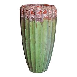 Foto van Ptmd olver green ceramic pot ribbed structure round s