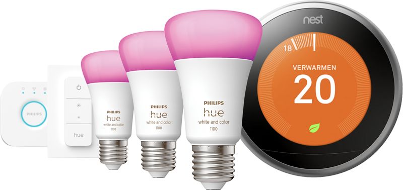 Foto van Google nest thermostat v3 zilver + philips hue white and color e27 3-pack, dimmer + bridge