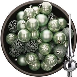 Foto van 37x stuks kunststof kerstballen 6 cm mintgroen incl. glazen piek glans zilver - kerstbal