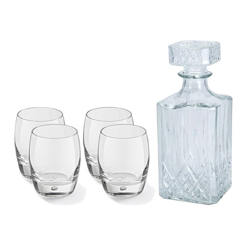 Foto van Glazen whisky/water karaf 900 ml met 4x whiskyglazen 360 ml - whiskeykaraffen