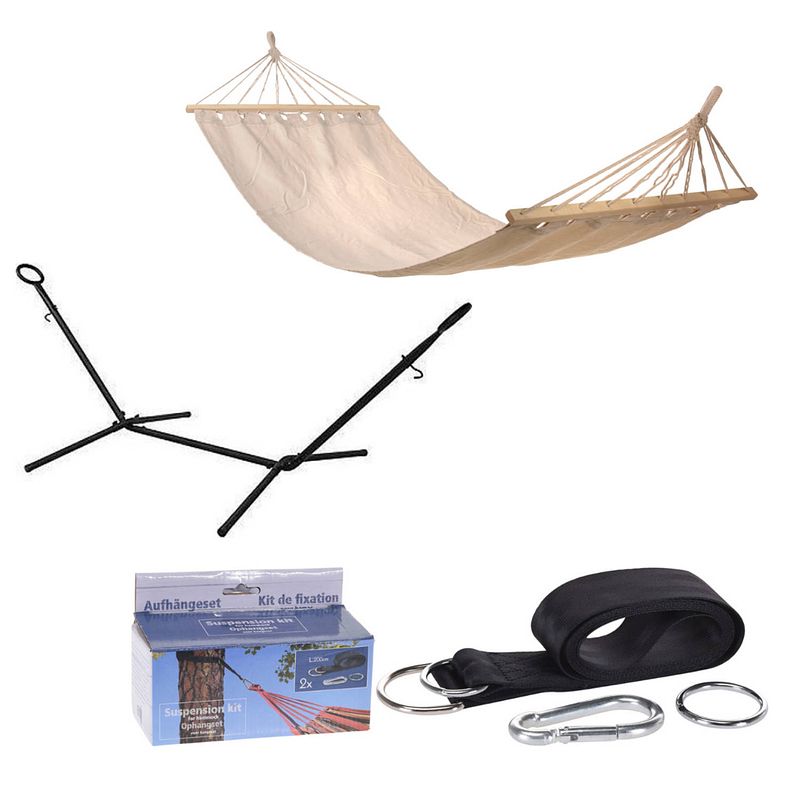 Foto van Pro garden standaard voor hangmat / hangmat standaard - metaal - zwart + incl. pro garden hangmat / hammock - 200 x 80